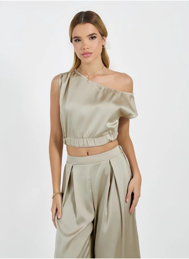 Styli Satin Asymmetric Neck Sleeveless Top & Pleated Wide Leg Pants Co-Ords Set