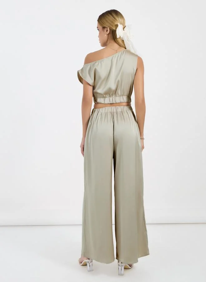 Styli Satin Asymmetric Neck Sleeveless Top & Pleated Wide Leg Pants Co-Ords Set