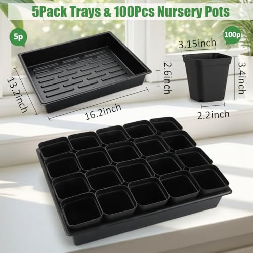 RooTrimmer 315 inch 8CM Square Nursery Pots 100 pcs Sturdy Seedlings Trays 5 Pcs Seeds Starter Germination Tray Microgreening Planter Nursery Propagation 5 Sets - Image 3