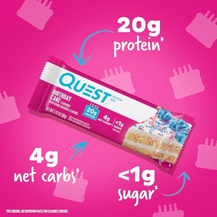 Quest Nutrition Birthday Cake Protein Bars, 20g Protein, 4g net Carbs, 1g Sugar, Gluten Free, Keto Friendly, 4 Count - Image 2