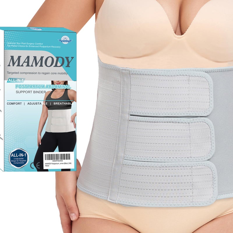MAMODY Postpartum Belly Band abdominal Binder for Natural Delivery & C-Section, Adjustable Compression Wrap, Abdominal Support Belt (Gray, S/M) - Image 1