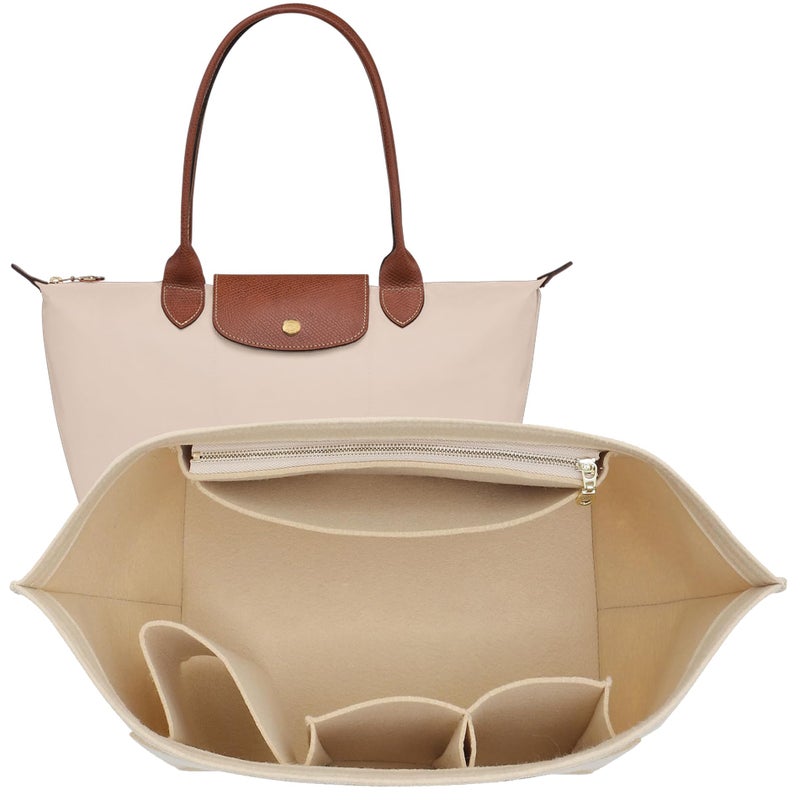 Doxo Purse Organizer Insert for Longchamp Le Pliage Tote Large Bag Organizer with YKK Zipper Pocket Cup Holder Handbag Shaper for Women Fits OriginalGreenEnergy L Tote BeigeWL - Image 2