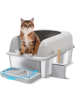 Extra Large Stainless Steel Cat Litter Box with High Wall Enclosed & Lid