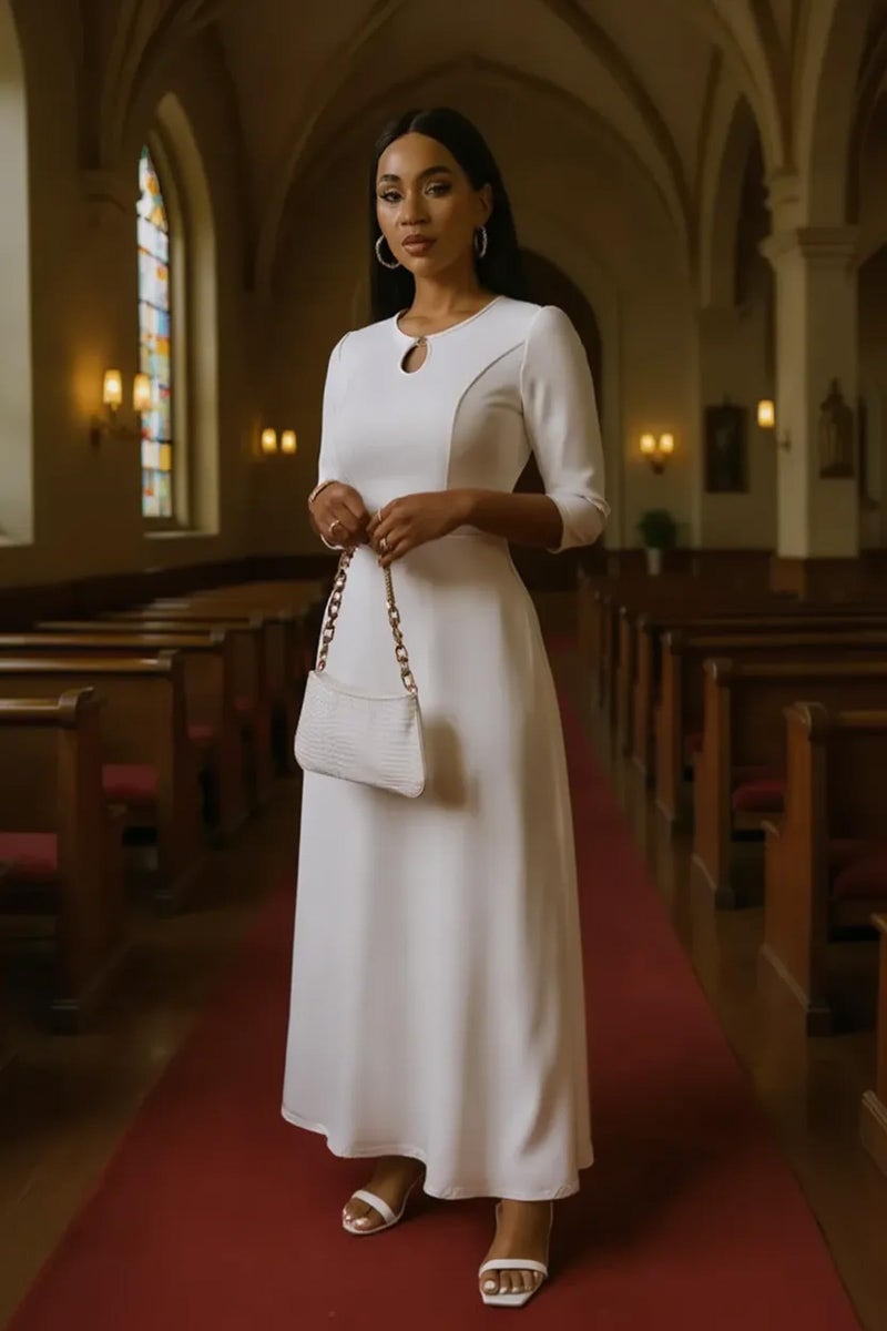 FANDEE Women's Maxi Dress Casual Boho Plain Long Dresses 3/4 Sleeve with Pockets White L - Image 3