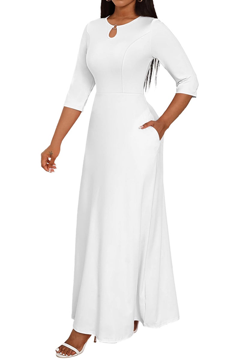 FANDEE Women's Maxi Dress Casual Boho Plain Long Dresses 3/4 Sleeve with Pockets White L - Image 1