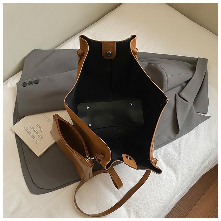 Niction 2 Pcs Suede Tote Bag for Women Trendy Crossbody Shoulder Purse Satchel Retro Hobo Purses Top Handle Handbags with Wallet - Image 4