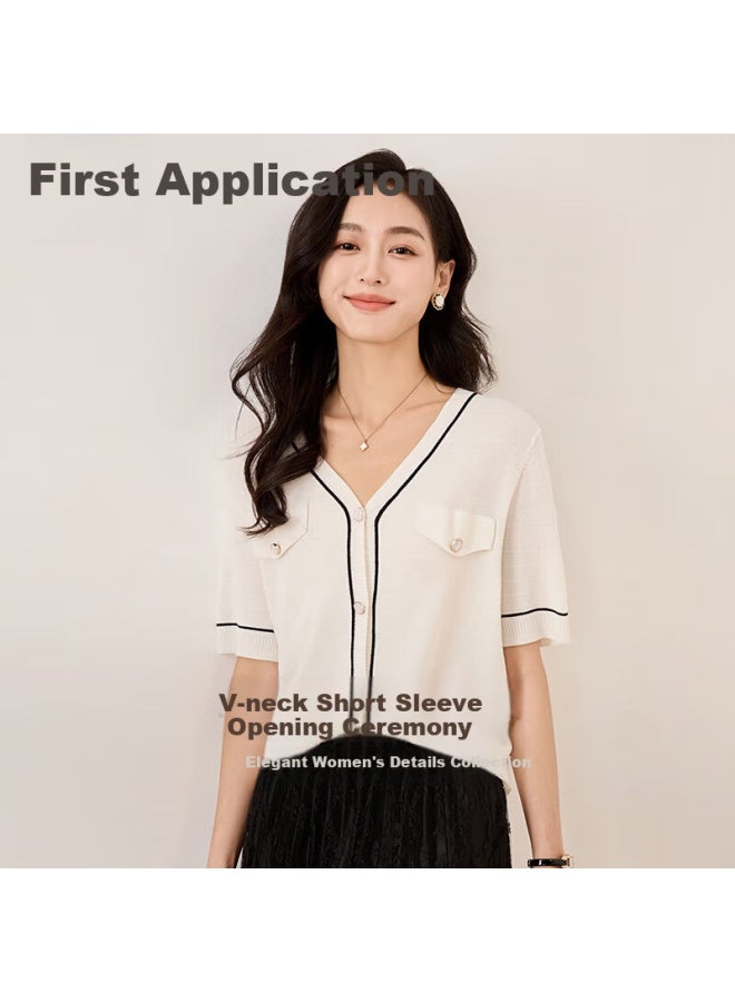 Chushen Summer Short Sleeve T-Shirt Women'S Fashionable And Elegant Small Fragrance Style V-Neck Thin Knitted Cardigan Top S13Kt1431