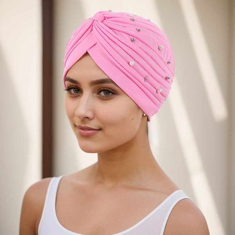 Pleated Turban Hat Beaded Watermelon Head Wrap Nylon - Image 3