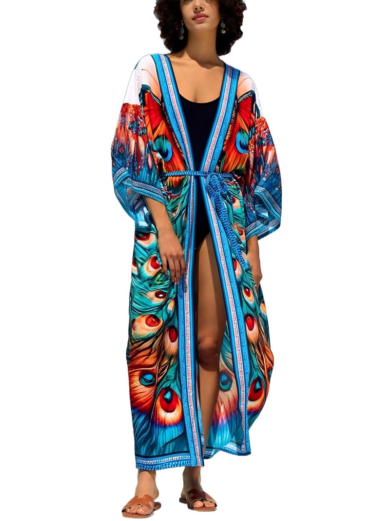 IMAGEKOPE Womenâ€™s Kimono Cover Up Long Beach Dress Swimsuit Cover Ups Colorful Cardigan Lightweight Robe for Swimwear - Image 1