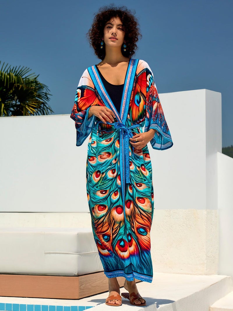 IMAGEKOPE Womenâ€™s Kimono Cover Up Long Beach Dress Swimsuit Cover Ups Colorful Cardigan Lightweight Robe for Swimwear - Image 5