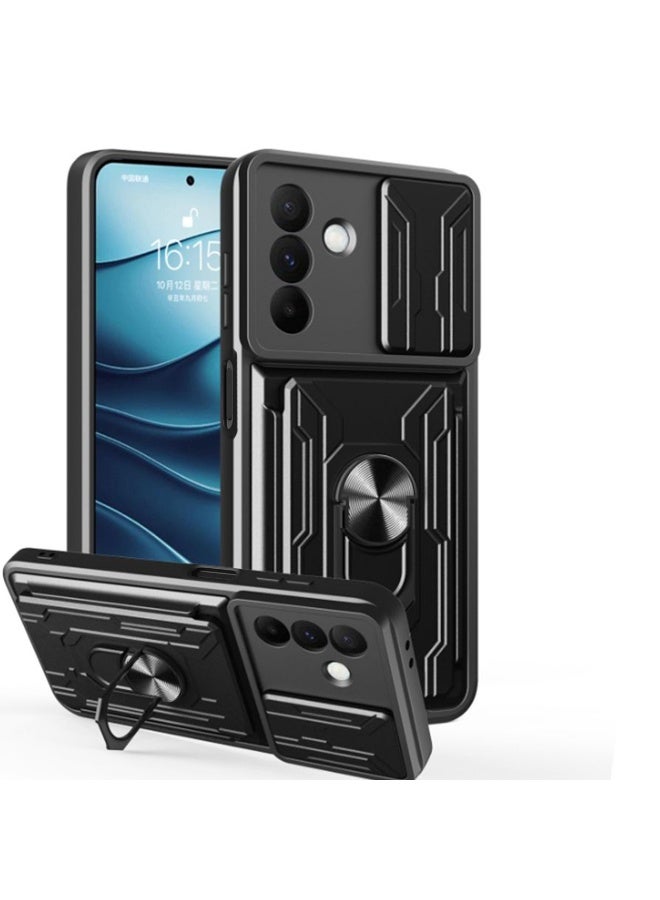 SanHu for Samsung Galaxy A17 4G/5G Case, Card Holder & Slide Camera Lens Cover, Magnetic Ring Holder Kickstand Protective Phone Case for Samsung Galaxy A17 4G/5G, Black - Image 1