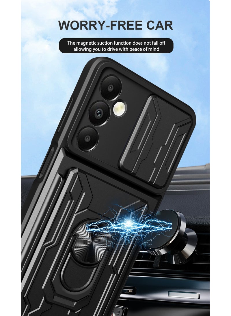 SanHu for Samsung Galaxy A17 4G/5G Case, Card Holder & Slide Camera Lens Cover, Magnetic Ring Holder Kickstand Protective Phone Case for Samsung Galaxy A17 4G/5G, Black - Image 2