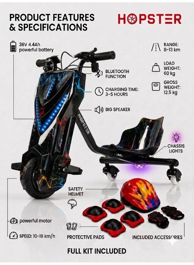 Hopster Kid's Advanced Electric Drift Scooter for Kids with 250W High-Power Motor, Large 8 inch wheels, Comfortable Racing Seat, Rear Drift Wheel System, Long-Lasting Rechargeable Battery, Black - Image 2
