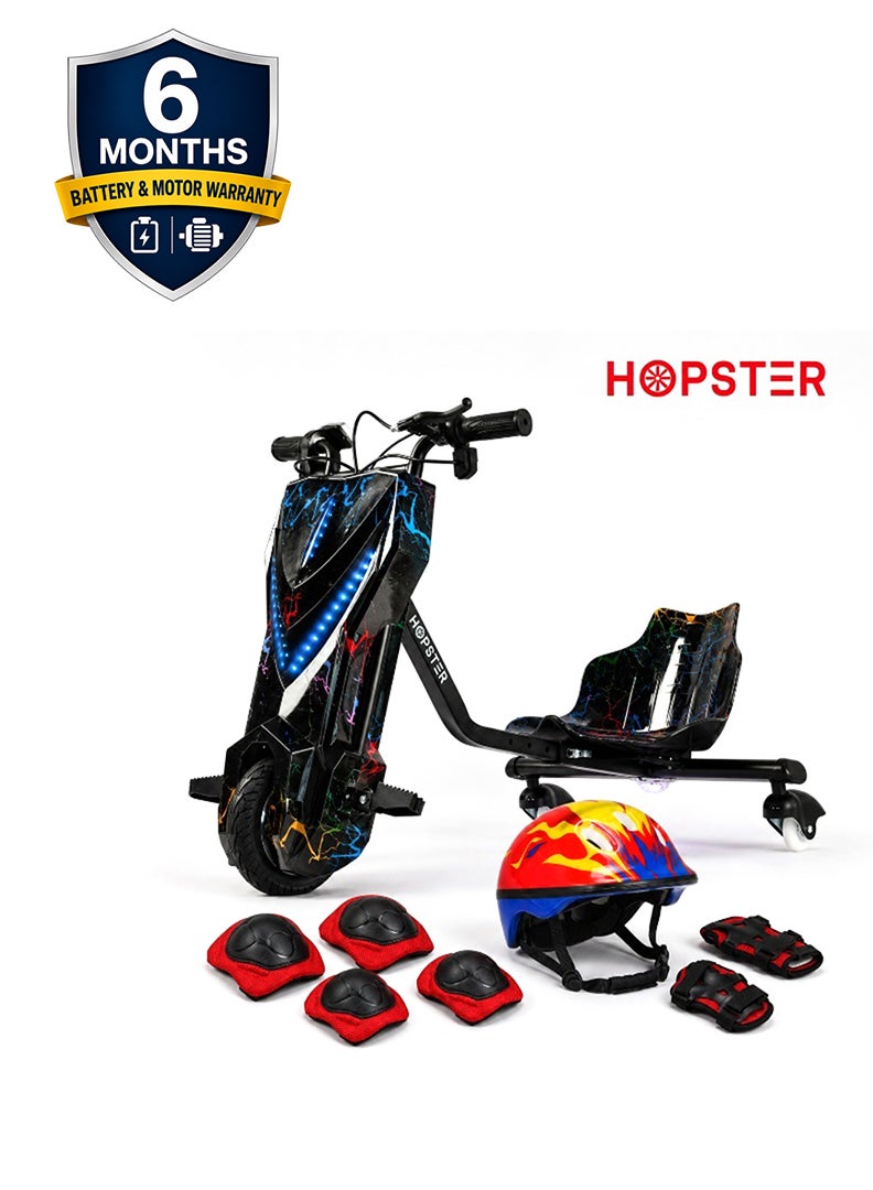 Hopster Kid's Advanced Electric Drift Scooter for Kids with 250W High-Power Motor, Large 8 inch wheels, Comfortable Racing Seat, Rear Drift Wheel System, Long-Lasting Rechargeable Battery, Black - Image 1