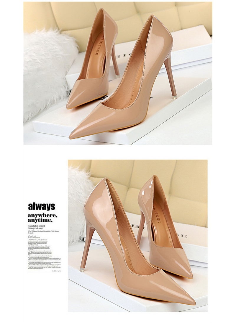 BIGTREE 10.5 سم كعب رفيع بسيط موضة مع سطح لامع جلد لامع رأس مدبب ضيق كعب نسائي وردي - Image 2