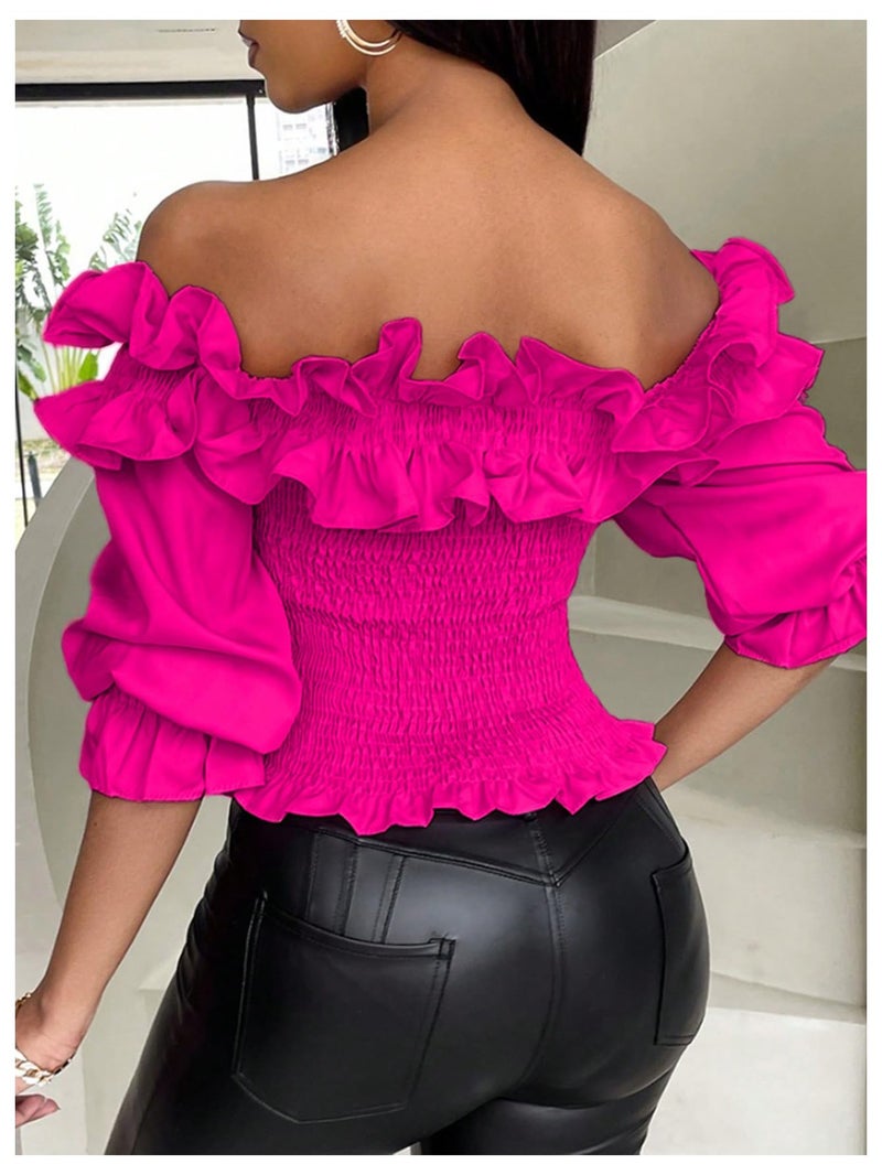 Floerns Women's Ruffle Trim Off Shoulder Flounce Sleeve Shirred Blouse Top Hot Pink - Image 2
