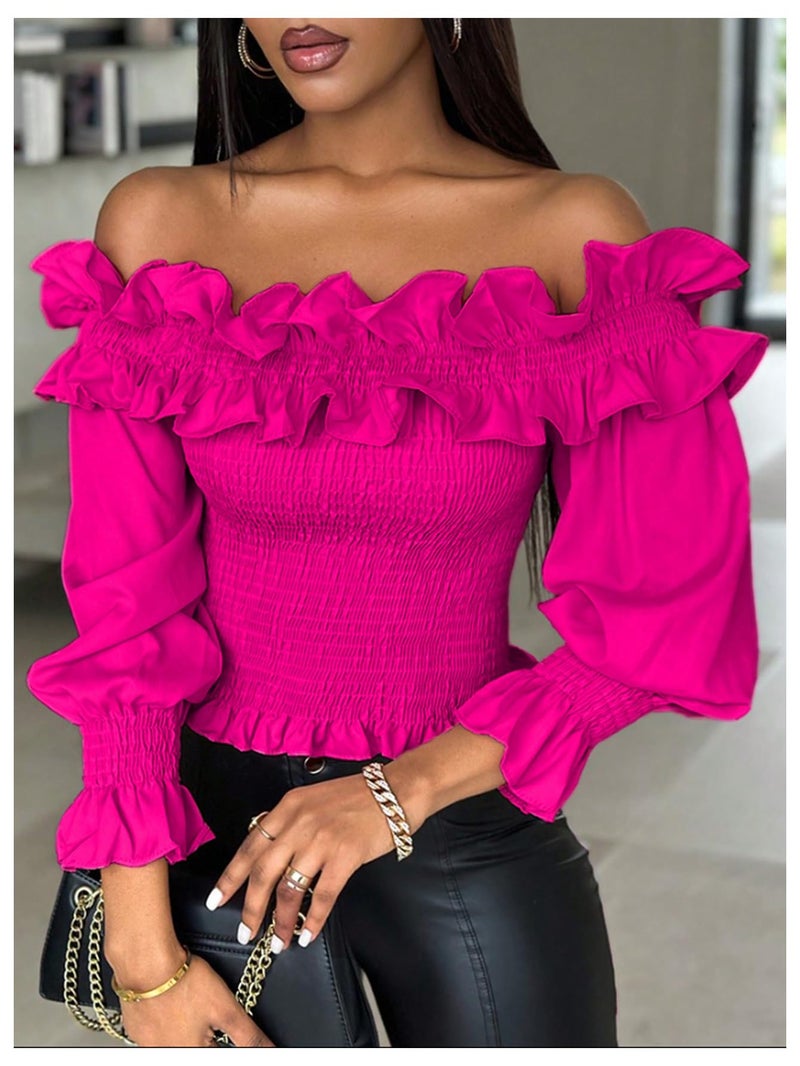 Floerns Women's Ruffle Trim Off Shoulder Flounce Sleeve Shirred Blouse Top Hot Pink - Image 3