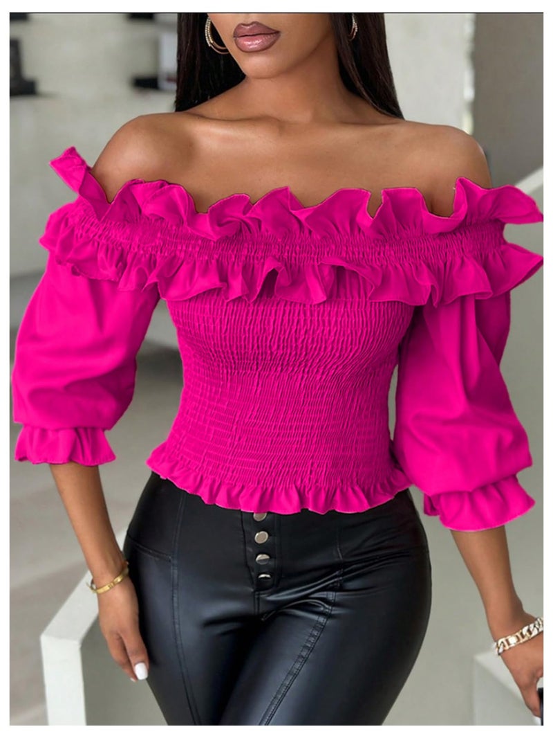 Floerns Women's Ruffle Trim Off Shoulder Flounce Sleeve Shirred Blouse Top Hot Pink - Image 4
