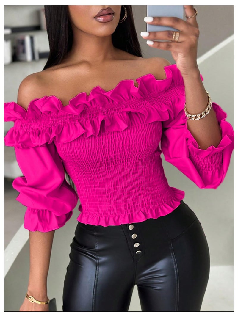 Floerns Women's Ruffle Trim Off Shoulder Flounce Sleeve Shirred Blouse Top Hot Pink - Image 5