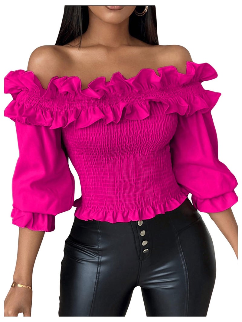 Floerns Women's Ruffle Trim Off Shoulder Flounce Sleeve Shirred Blouse Top Hot Pink - Image 1