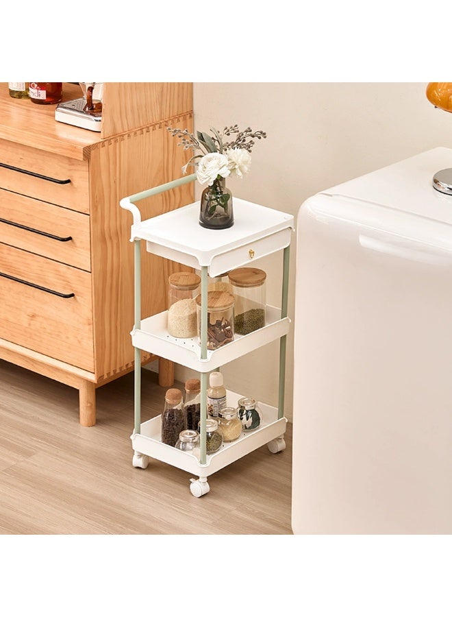 BLOOMING TIME 3 Tier Rolling Plastic Storage Cart with Lockable 360° Wheels, Multifunctional Mobile Utility Organizer Cart with Raised Guardrail & Side Handles, All Plastic Lightweight Storage Shelves for Kitchen Bathroom Bedroom Nursery Snack Book Toy Storage - Image 2