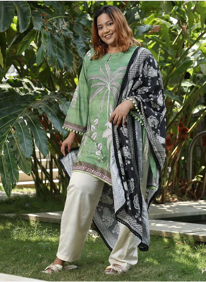 انستافاب بلس Women's Grass Green Palm Foliage Kurti With Trousers