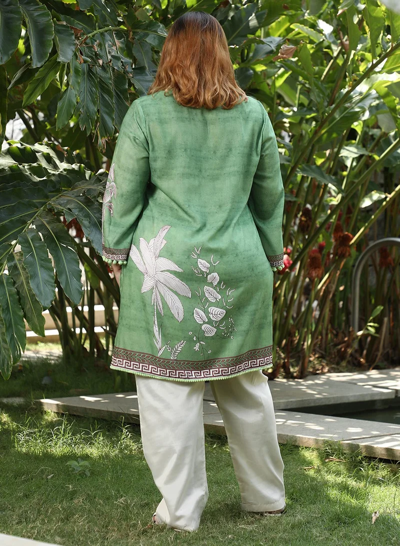 Instafab Plus Women's Grass Green Palm Foliage Kurti With Trousers