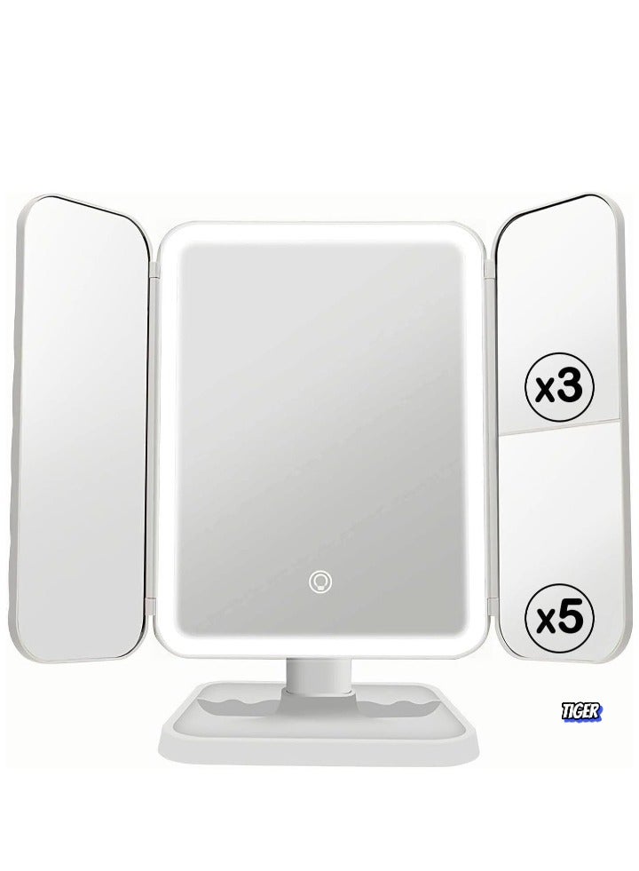 TIGER 3-Fold Lighted Makeup Mirror with 5X/3X/1X Magnification – 52 LED Vanity Mirror with Adjustable Brightness, Touch Screen Control, and 180° Adjustable Rotation – Portable and Foldable Countertop Cosmetic Mirror for Flawless Makeup Application - Image 1