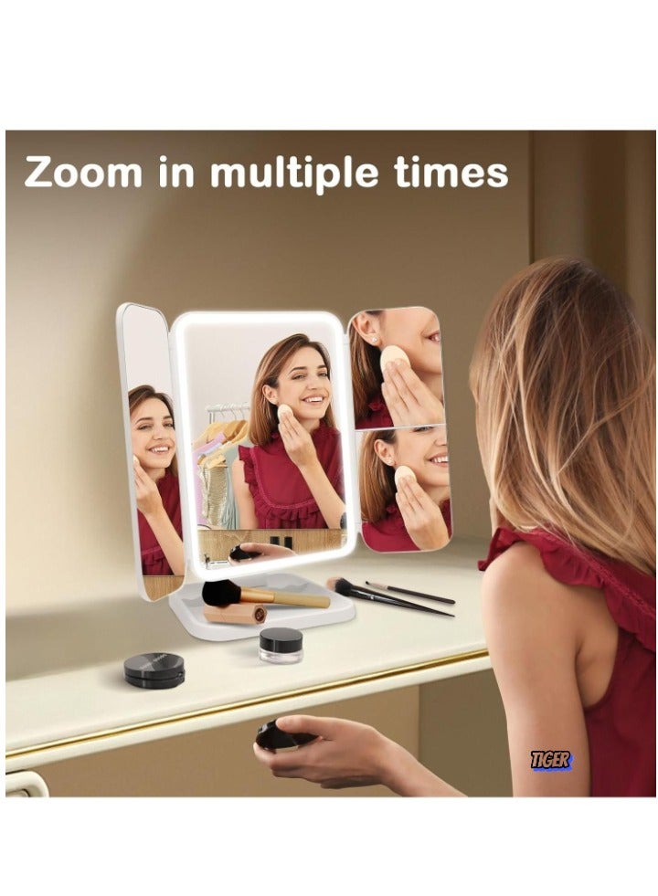 TIGER 3-Fold Lighted Makeup Mirror with 5X/3X/1X Magnification – 52 LED Vanity Mirror with Adjustable Brightness, Touch Screen Control, and 180° Adjustable Rotation – Portable and Foldable Countertop Cosmetic Mirror for Flawless Makeup Application - Image 5