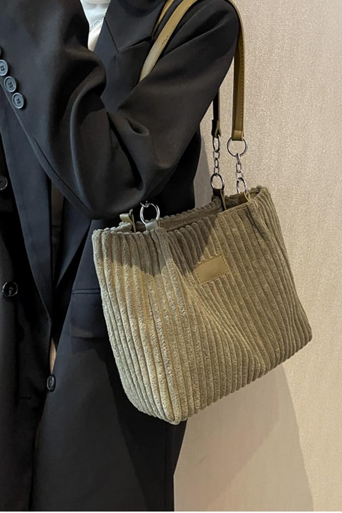 Ulisty Women Corduroy Tote Casual Shoulder Bag for Daily Shopping Fashion Handbag Beige - Image 5