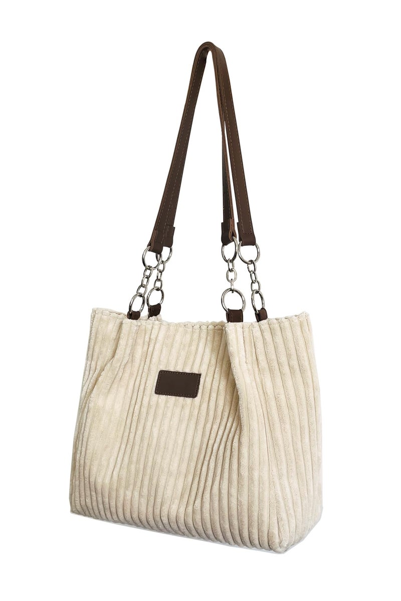Ulisty Women Corduroy Tote Casual Shoulder Bag for Daily Shopping Fashion Handbag Beige - Image 1