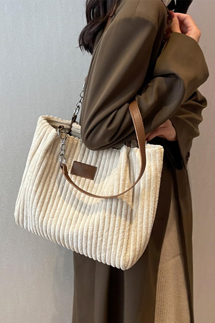 Ulisty Women Corduroy Tote Casual Shoulder Bag for Daily Shopping Fashion Handbag Beige - Image 3