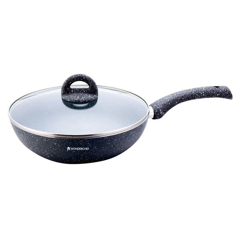 Wonderchef Granite 26cm Non-Stick Wok | Glass Lid | Induction Bottom | Soft-Touch Handles | Virgin Aluminium | PFOA and Heavy Metals Free | 3.5mm Thick| 26cm, 3.1 litres | 2 Year Warranty | Grey - Image 1