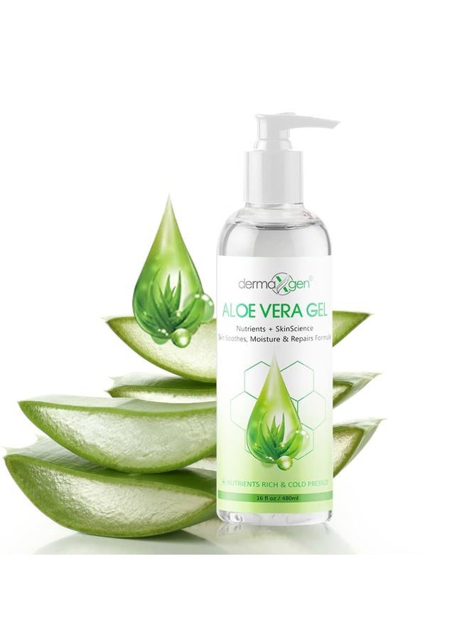 dermaxgen Aloe Vera Gel - Organic 100% Pure Aloe + Witch Hazel + Vitamin C + Vitamin E - Skin Soothes, Moisture And Repair Formula, Nutrients Rich And Cold Pressed - 16 FL OZ / 480 ML - Image 1