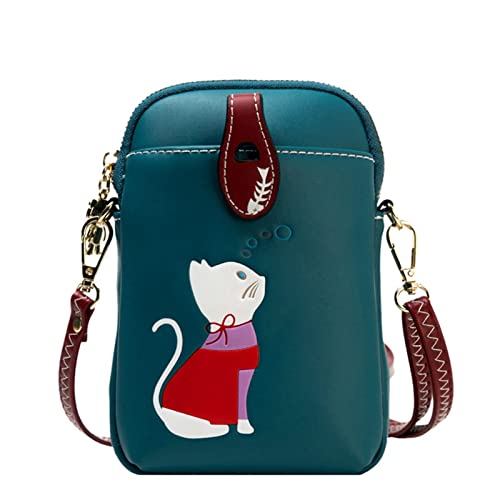 Sunshinejing Small Crossbody Phone Bag for Women Leather Cute Cat Cellphone Purse Shoulder Bags PU Wallet (Peacock Blue) - Image 1