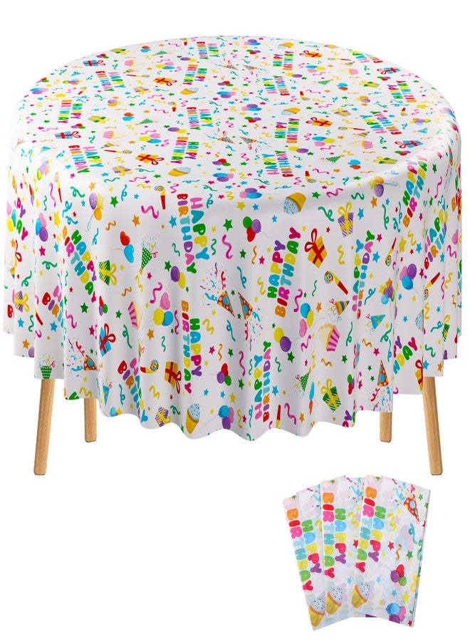 Oudain 3 Pcs Happy Birthday Tablecloth Decorations 84 Inch Plastic Disposable Round Table Covers Waterproof Colorful Balloons Confetti Tablecloth for Women Birthday Party Supplies Baby Shower(White) - Image 1