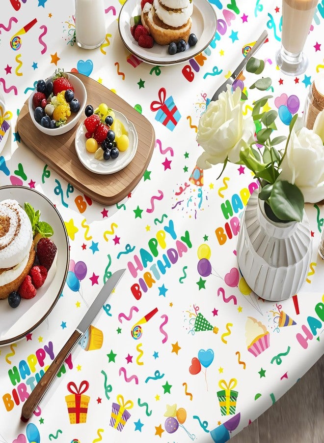 Oudain 3 Pcs Happy Birthday Tablecloth Decorations 84 Inch Plastic Disposable Round Table Covers Waterproof Colorful Balloons Confetti Tablecloth for Women Birthday Party Supplies Baby Shower(White) - Image 3