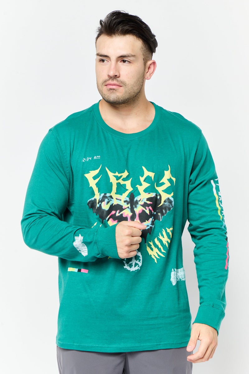 brooklyn تي شيرت رجالي بأكمام طويلة وياقة دائرية، أخضر - Image 1