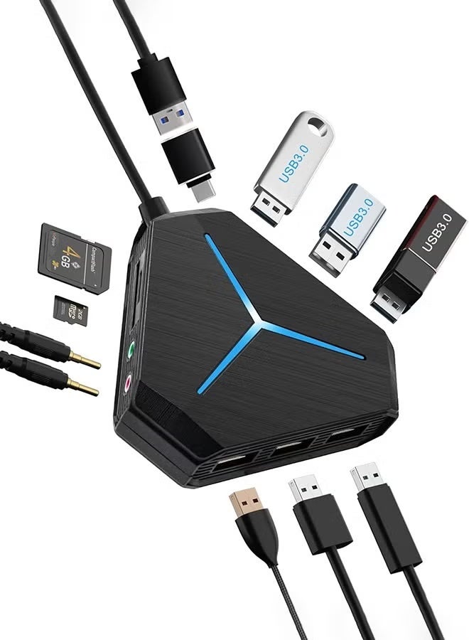 Port USB Hub 3.0/2.0, USB C Vertical Data with 3.2ft/1m Long Cable, TF/SD Card Reader, Headphones/Microphone, Exrension for PC, Mac, PS4/5, Flash Drive, Printer, Camera, Keyboard, Mouse