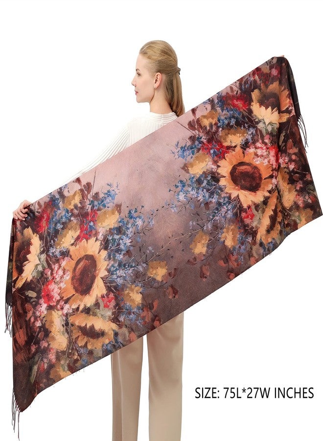 XINYUN Large Shawl Scarfs for Women,Pashmina Sunflower Scarf Cashmere Feel,Fashion Floral Print Tassel Scarves Warm Wraps for Lady in Fall Winter - Image 4