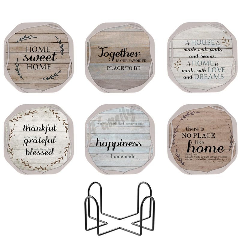 UMIRRO Rustic Country Farmhouse Coasters with Holder for Wooden Coffee Table  Absorbent Felt Drink Coasters with Silicone Cases  Housewarming Gifts for New House/Home  4""  Octagonal  Brown  6 Pack - Image 1
