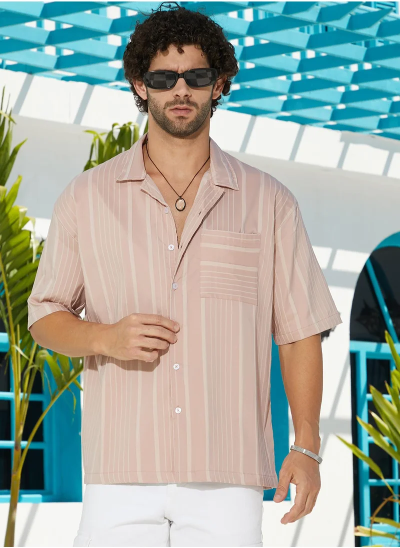 Campus Sutra Men's Peach Orange Unbalanced-Ridge Oversized Shirt