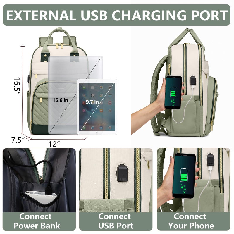 bagswan Laptop Backpack for Women Work Bag - 15.6 inch Travel Backpack with USB Charger College Bookbag Waterproof Business Computer Backpack Anti-theft Casual Backpacks for Nurse Teacher Beige Light Green - Image 4