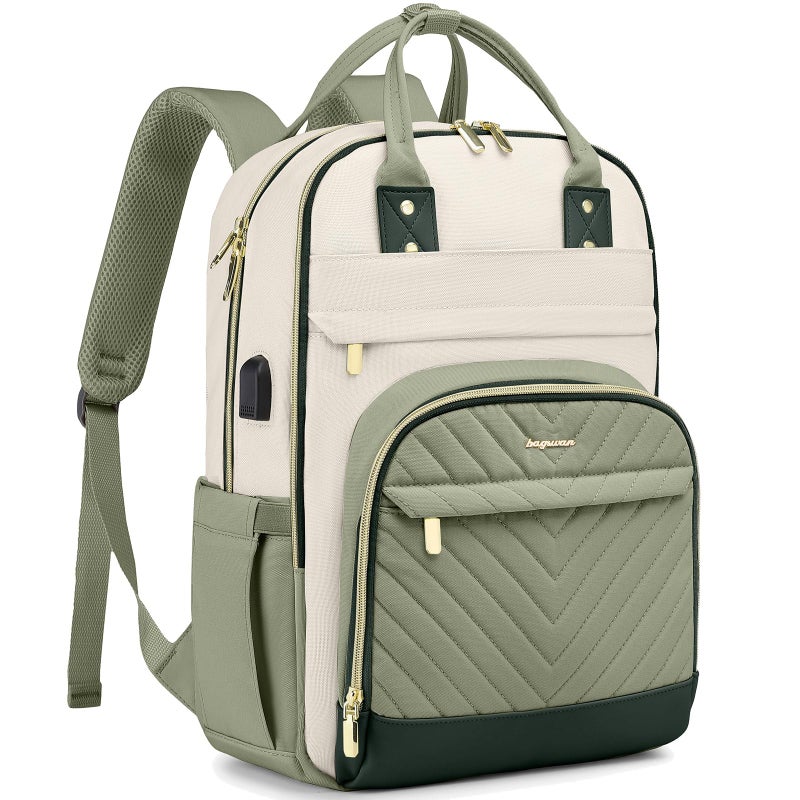 bagswan Laptop Backpack for Women Work Bag - 15.6 inch Travel Backpack with USB Charger College Bookbag Waterproof Business Computer Backpack Anti-theft Casual Backpacks for Nurse Teacher Beige Light Green - Image 1