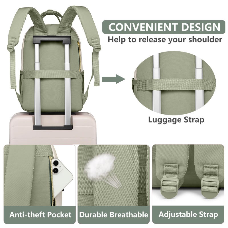 bagswan Laptop Backpack for Women Work Bag - 15.6 inch Travel Backpack with USB Charger College Bookbag Waterproof Business Computer Backpack Anti-theft Casual Backpacks for Nurse Teacher Beige Light Green - Image 5