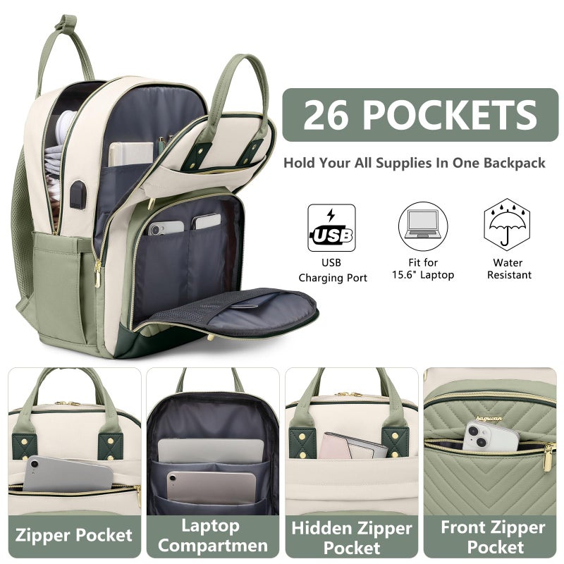 bagswan Laptop Backpack for Women Work Bag - 15.6 inch Travel Backpack with USB Charger College Bookbag Waterproof Business Computer Backpack Anti-theft Casual Backpacks for Nurse Teacher Beige Light Green - Image 2