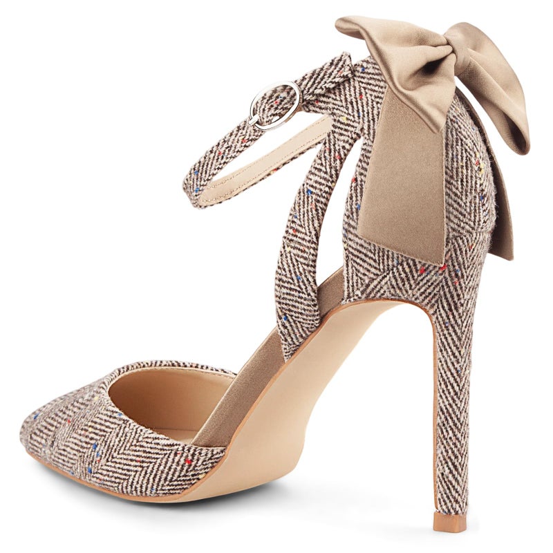 Carcuume Women's Closed Toe Heels Bow Stiletto Heel Sandals Pointed Toe Pumps Wedding Shoes, BELLEOO-Brown Herringbone-8 - Image 4