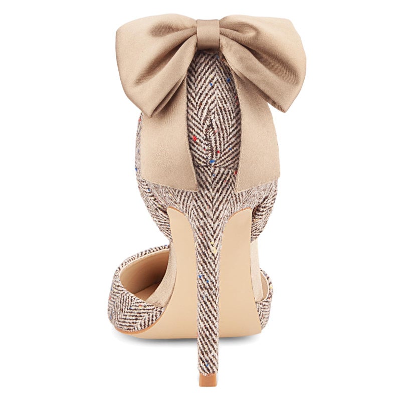 Carcuume Women's Closed Toe Heels Bow Stiletto Heel Sandals Pointed Toe Pumps Wedding Shoes, BELLEOO-Brown Herringbone-8 - Image 5