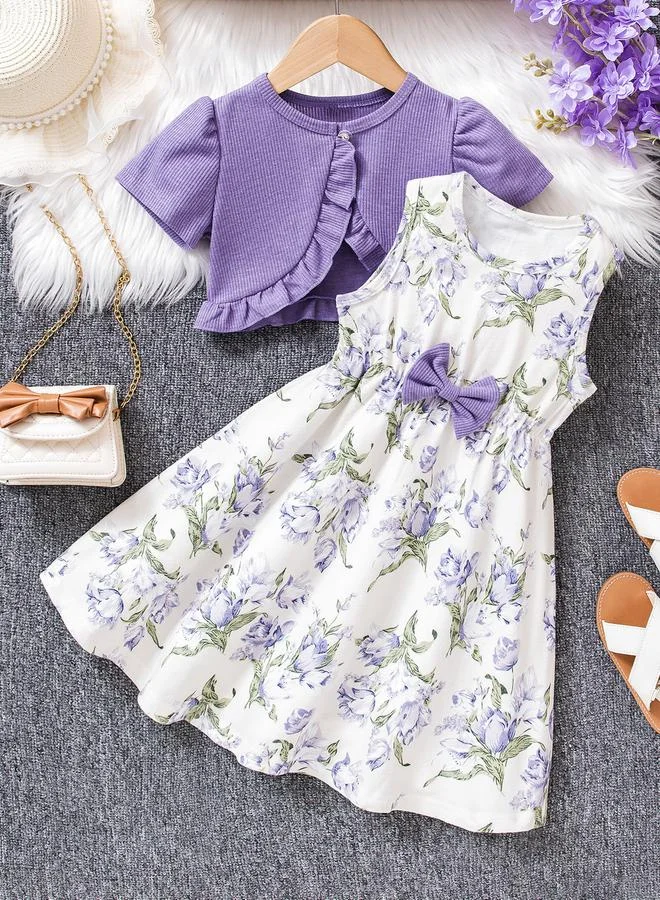 تايك تو طقم بناتي فستان بطبعة زهور بلا أكمام مع بوليرو