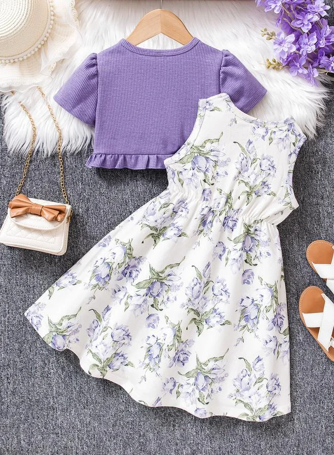 تايك تو طقم بناتي فستان بطبعة زهور بلا أكمام مع بوليرو